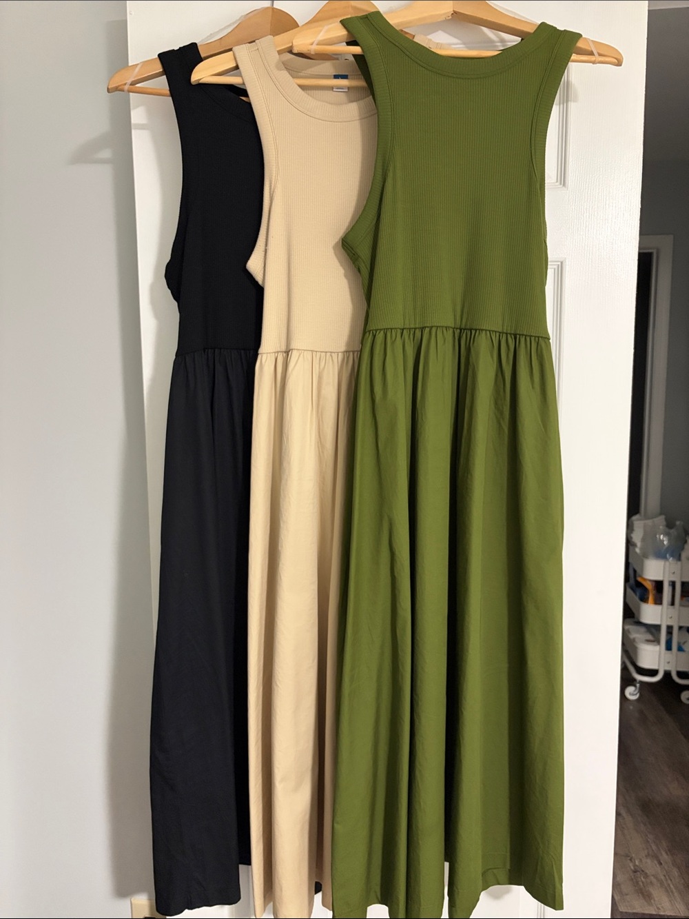 3 dress bundle Women's Ribbed Tank Maxi Dress in Olive, Black & Cream